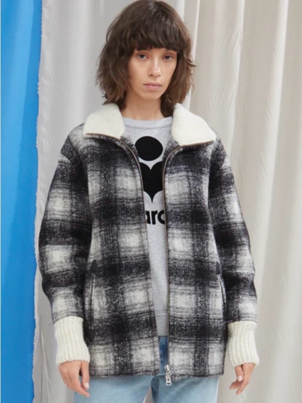 Isabel Marant Black & Cream Plaid Zip-Up  Coat